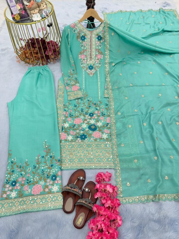 Chinnon Silk Straight Designer Suit- 3Pc Kurti, Pant & Dupatta - Green, White & Peach Pink