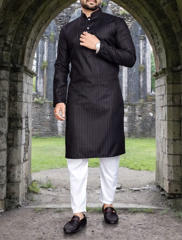 Mens Cotton Kurta Pajama - Silver Striped - 2Pc - Black & White