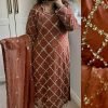Pakistani Georgette Pearl Work Suit - 3Pc - Rust, Green, Blue