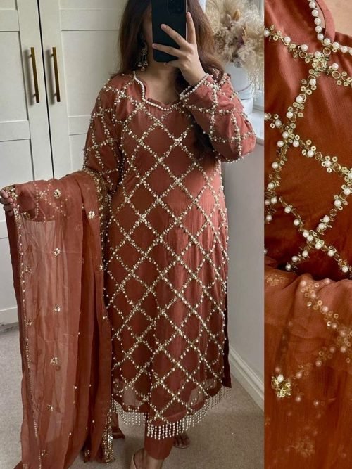 Pakistani Georgette Pearl Work Suit - 3Pc - Rust, Green, Blue