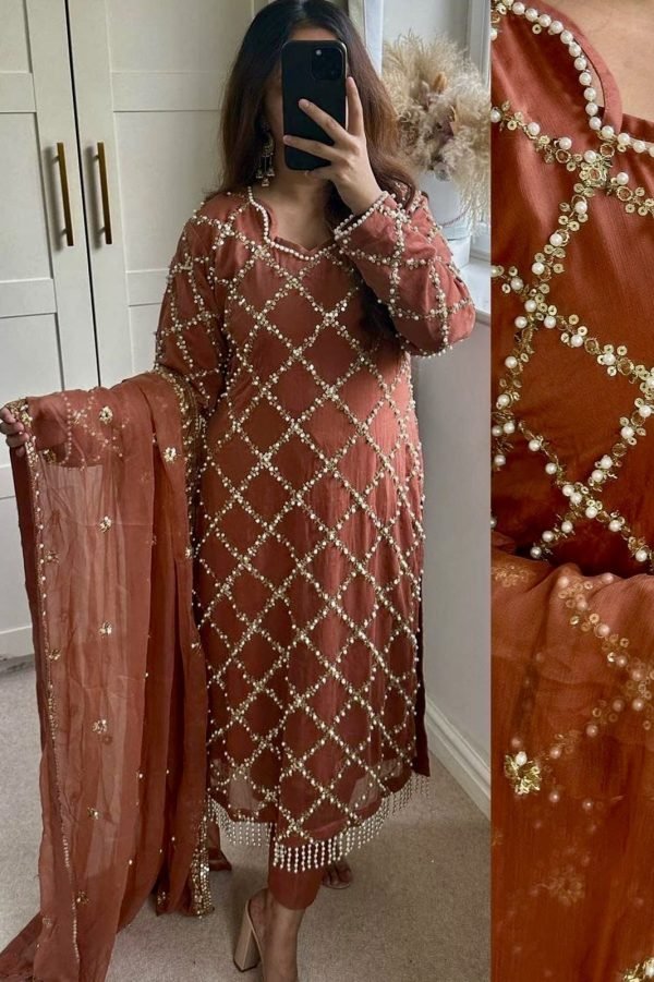 Pakistani Georgette Pearl Work Suit - 3Pc - Rust, Green, Blue