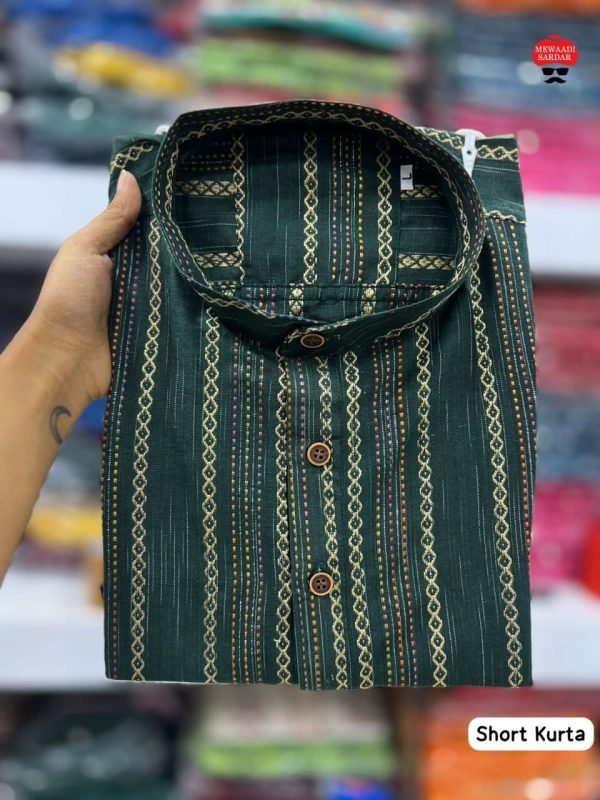 Mens Cotton Short Kurta - Golden Striped - 5 Colors