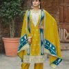 Chinnon Silk Straight Designer Suit- 3Pc Kurti, Pant & Dupatta - Mustard & Teal Blue