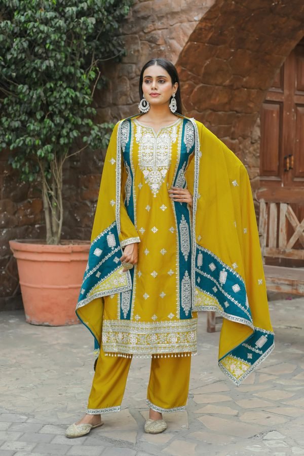 Chinnon Silk Straight Designer Suit- 3Pc Kurti, Pant & Dupatta - Mustard & Teal Blue