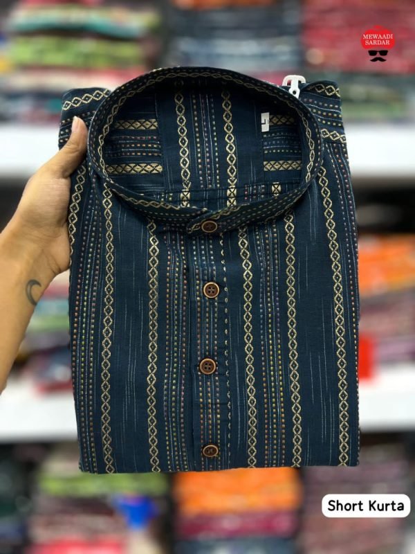 Mens Cotton Short Kurta - Golden Striped - 5 Colors