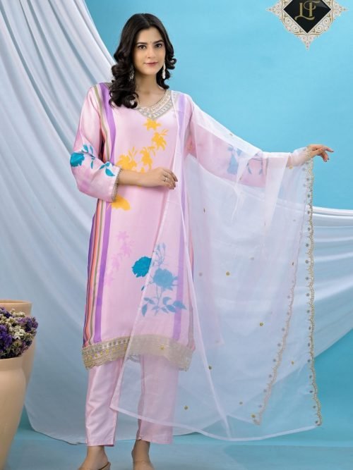 Pure Crepe Jaipuri Suit - 3Pc - Floral Pink