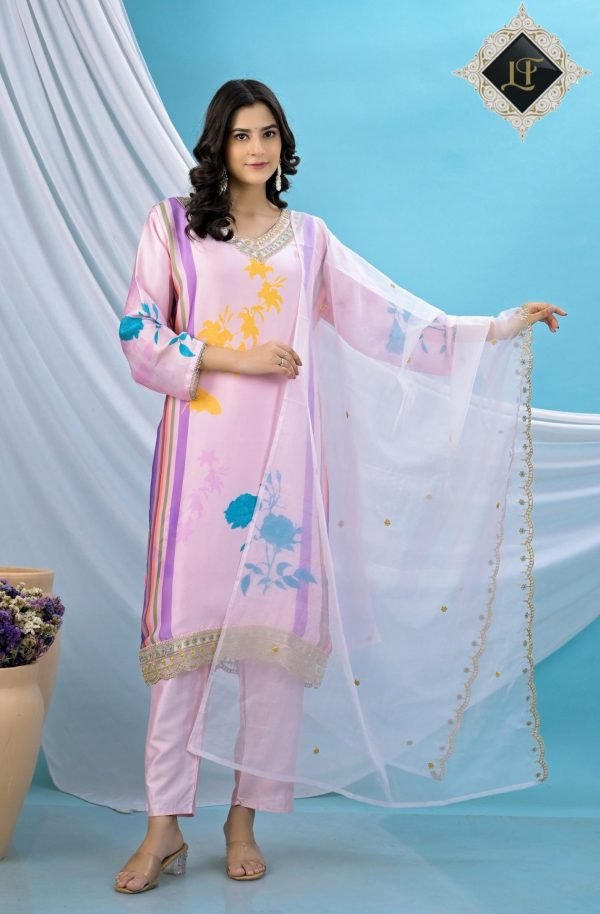 Pure Crepe Jaipuri Suit - 3Pc - Floral Pink