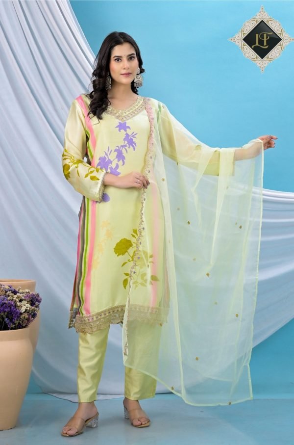 Pure Crepe Jaipuri Suit - 3Pc - Floral Green