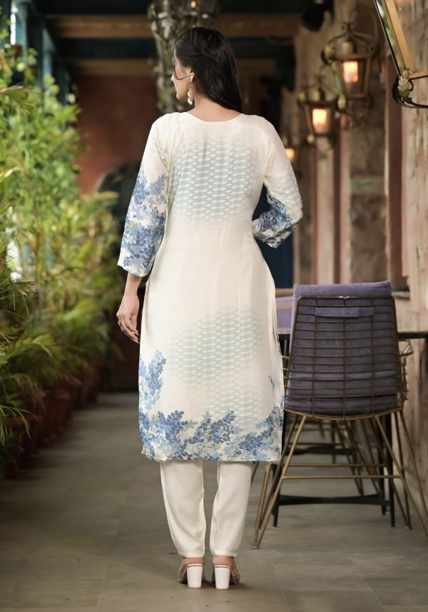 Pure Crepe Jaipuri Suit - 3Pc - White Blue Floral