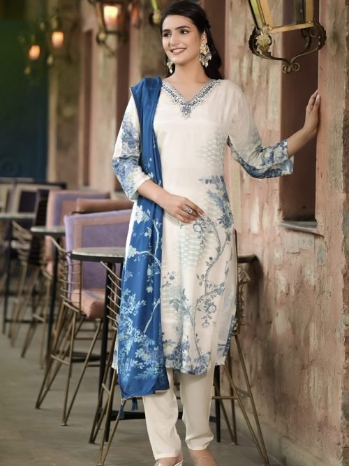 Pure Crepe Jaipuri Suit - 3Pc - White Blue Floral