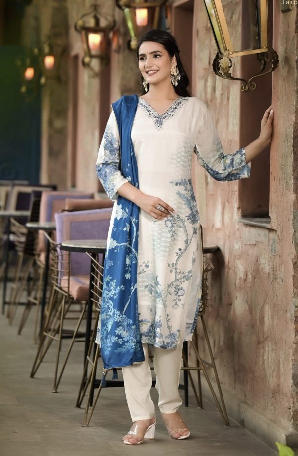 Pure Crepe Jaipuri Suit - 3Pc - White Blue Floral