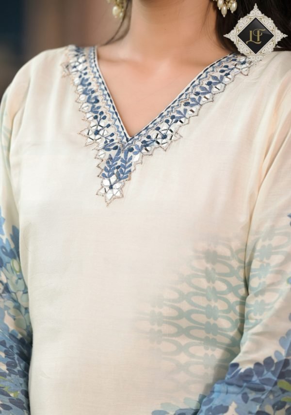 Pure Crepe Jaipuri Suit - 3Pc - White Blue Floral