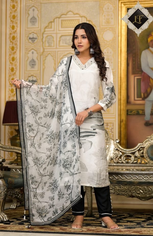 Pure Crepe Jaipuri Suit - 3Pc - White Black Floral