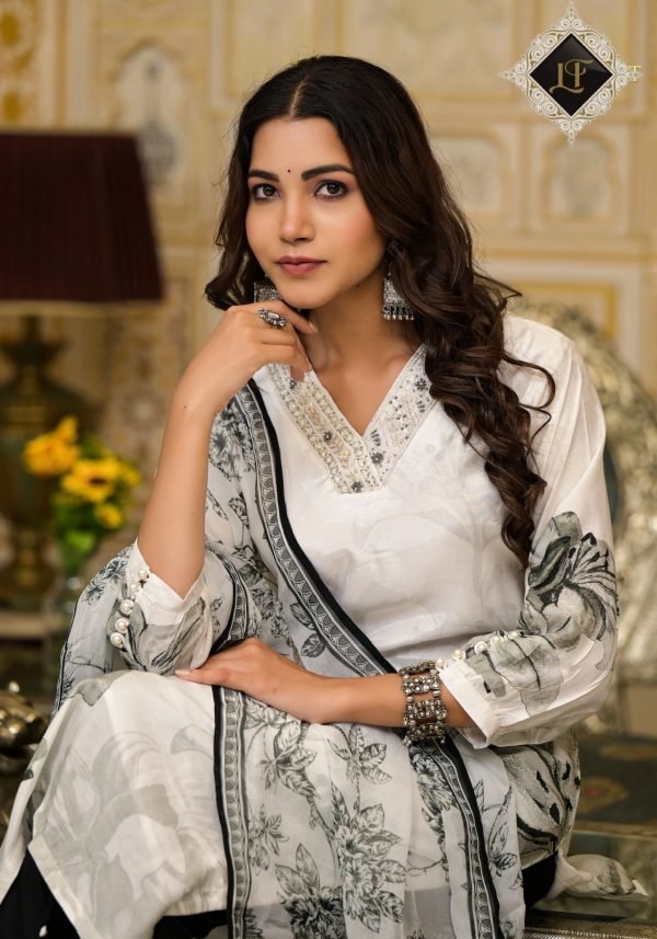 Pure Crepe Jaipuri Suit - 3Pc - White Black Floral