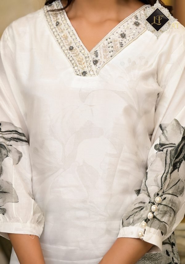 Pure Crepe Jaipuri Suit - 3Pc - White Black Floral