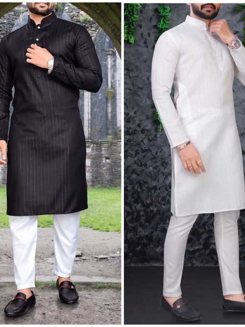 Mens Cotton Kurta Pajama - Silver Striped - 2Pc - Black & White