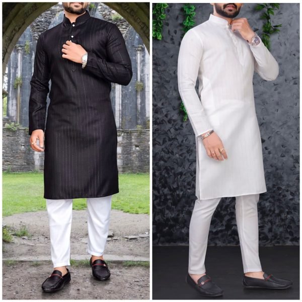 Mens Cotton Kurta Pajama - Silver Striped - 2Pc - Black & White