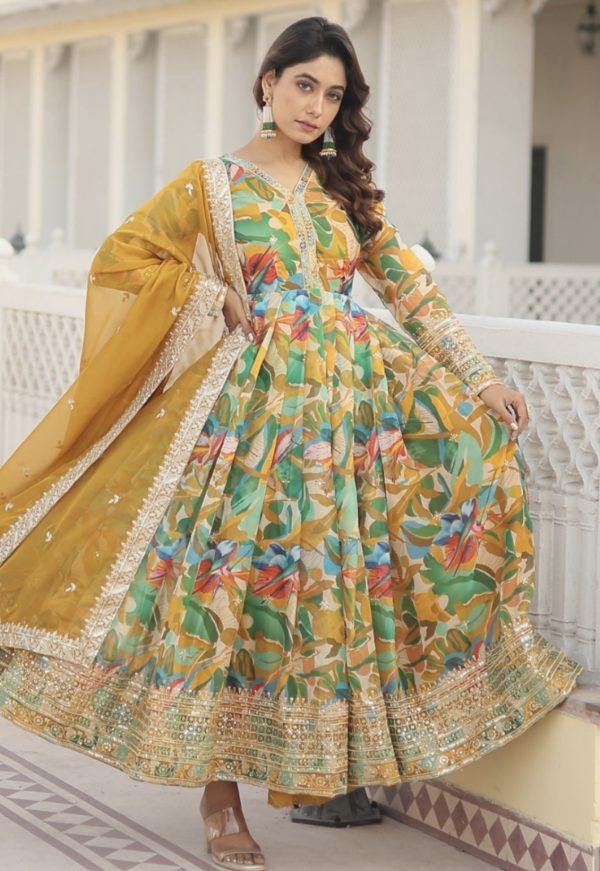 Fox Georgette Anarkali Sequence Embroidered with Dupatta - 2Pc - Green & Red