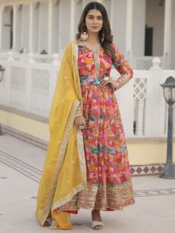 Fox Georgette Anarkali Sequence Embroidered with Dupatta - 2Pc - Green & Red