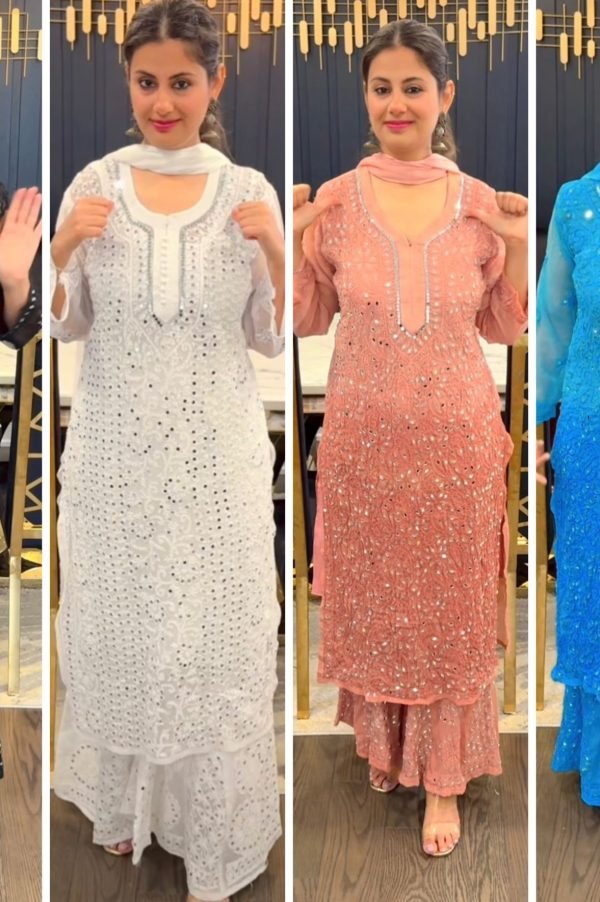 Georgette Chikankari Mirror Work Suits Ombre Colors (With Matching Inner) - 4Pc