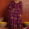 Chinnon Jaipuri Anarkali with Dupatta & Pant -  3Pc - Wine Floral