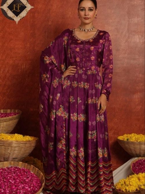 Chinnon Jaipuri Anarkali with Dupatta & Pant -  3Pc - Wine Floral