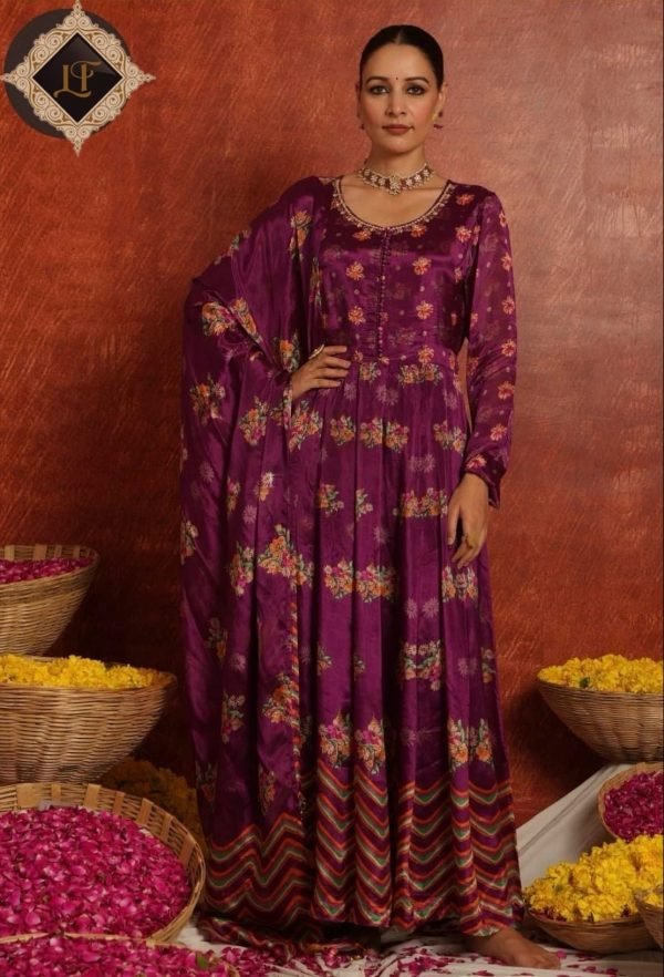 Chinnon Jaipuri Anarkali with Dupatta & Pant -  3Pc - Wine Floral