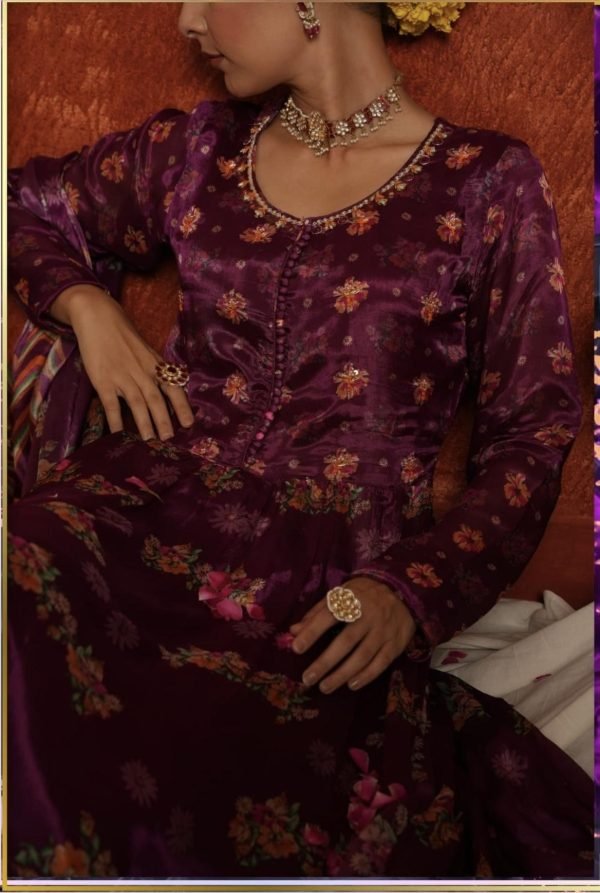 Chinnon Jaipuri Anarkali with Dupatta & Pant -  3Pc - Wine Floral