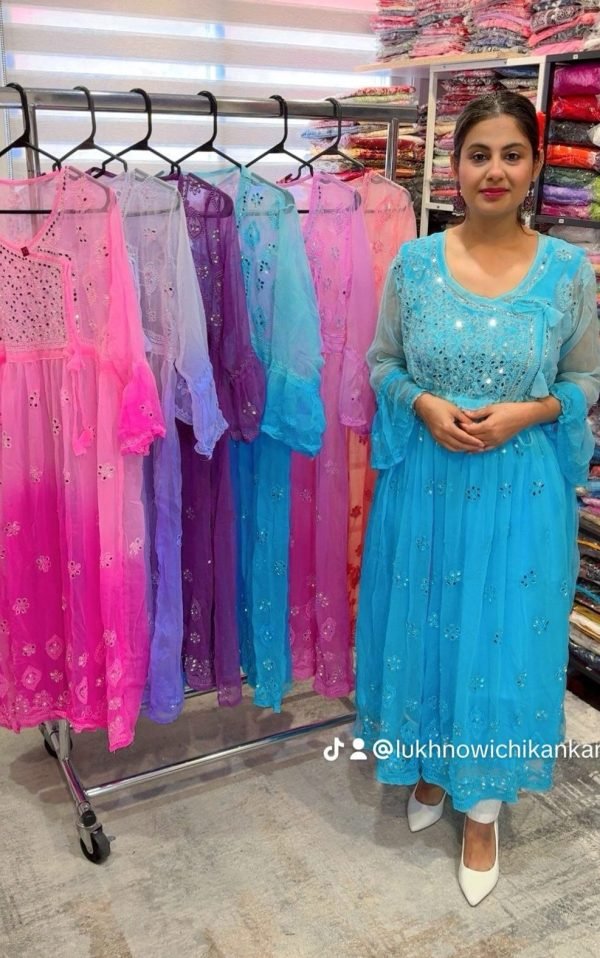 Georgette Chikankari Mirror Work Angrakha Style Gown (With Matching Inner) - Ombre Colored