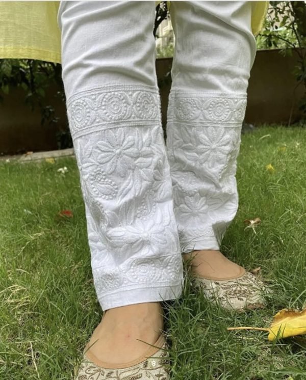 Stretchable Lycra Cotton Chikankari Pants (With Pockets) - Black & White - Freesize