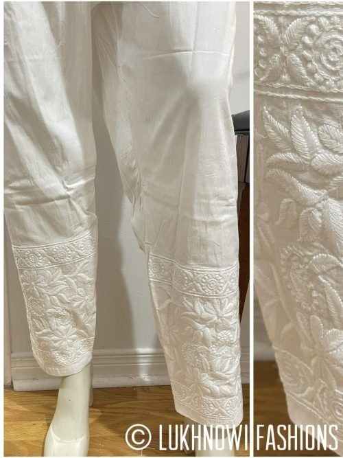 Stretchable Lycra Cotton Chikankari Pants (With Pockets) - Black & White - Freesize