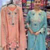 Chinnon Silk Straight Designer Suit- 3Pc Kurti, Pant & Dupatta - Green, White & Peach Pink
