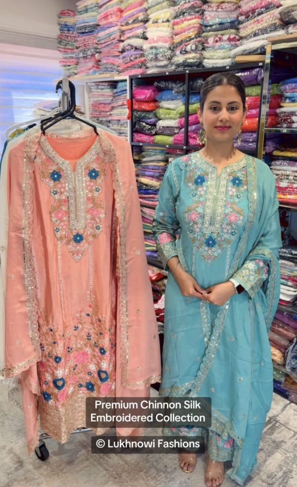 Chinnon Silk Straight Designer Suit- 3Pc Kurti, Pant & Dupatta - Green, White & Peach Pink