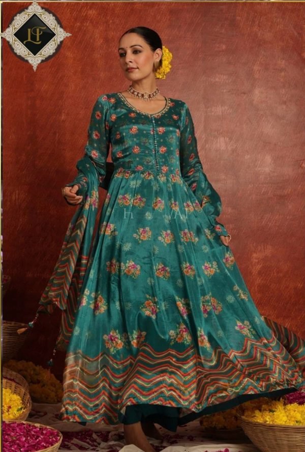 Chinnon Jaipuri Anarkali with Dupatta & Pant -  3Pc - Green Floral