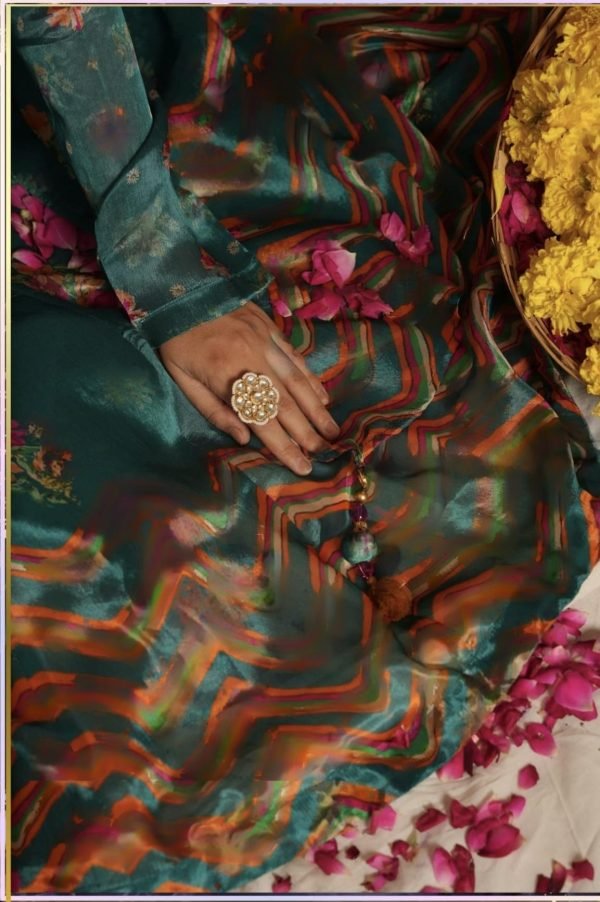 Chinnon Jaipuri Anarkali with Dupatta & Pant -  3Pc - Green Floral