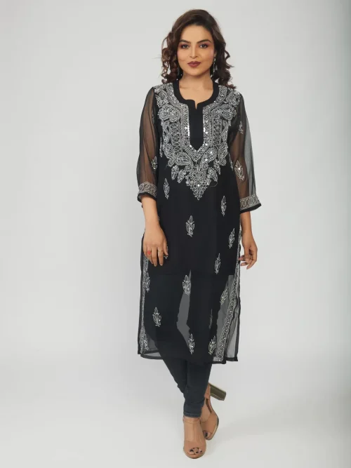 Georgette Black Chikankari Mirror Work Kurti (With Black Inner)