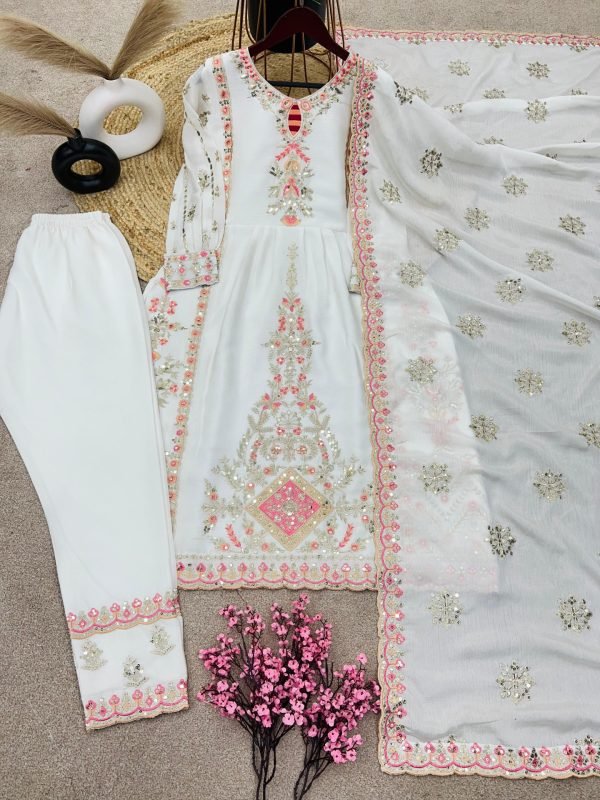 Chinnon Silk Nyra Cut Suit- 3Pc Kurti, Pant & Dupatta - White with Pink