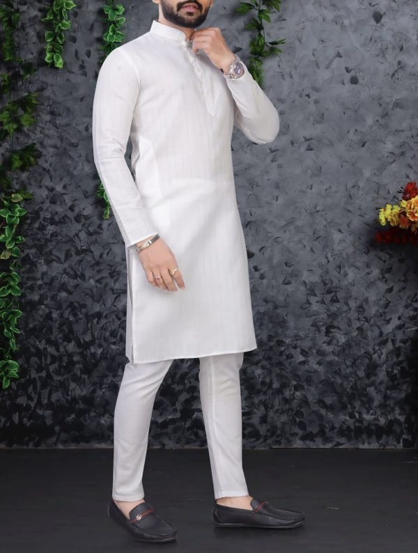 Mens Cotton Kurta Pajama - Silver Striped - 2Pc - Black & White