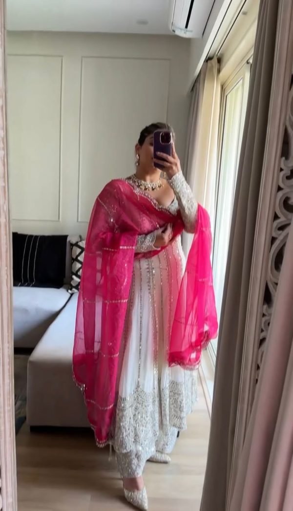 Georgette 3Pc Anarkali Suit - Anarkali, Pants & Dupatta - Black and White (Sunny Leone)