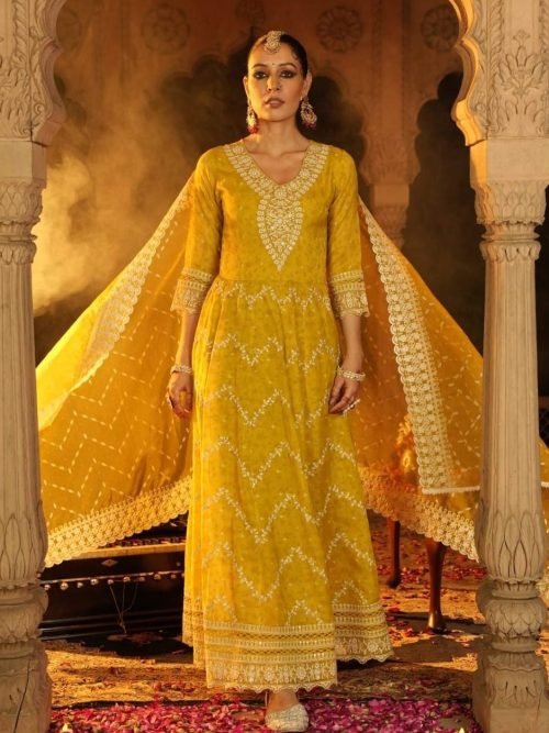 Organza Tissue Jaipuri Anarkali with Stylish Dupatta & Pant 3Pc - Yellow