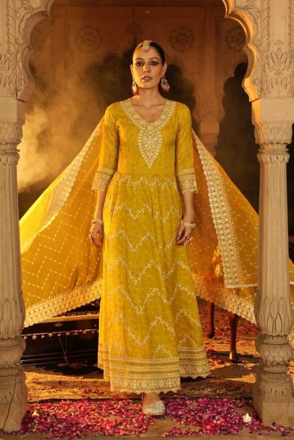 Organza Tissue Jaipuri Anarkali with Stylish Dupatta & Pant 3Pc - Yellow