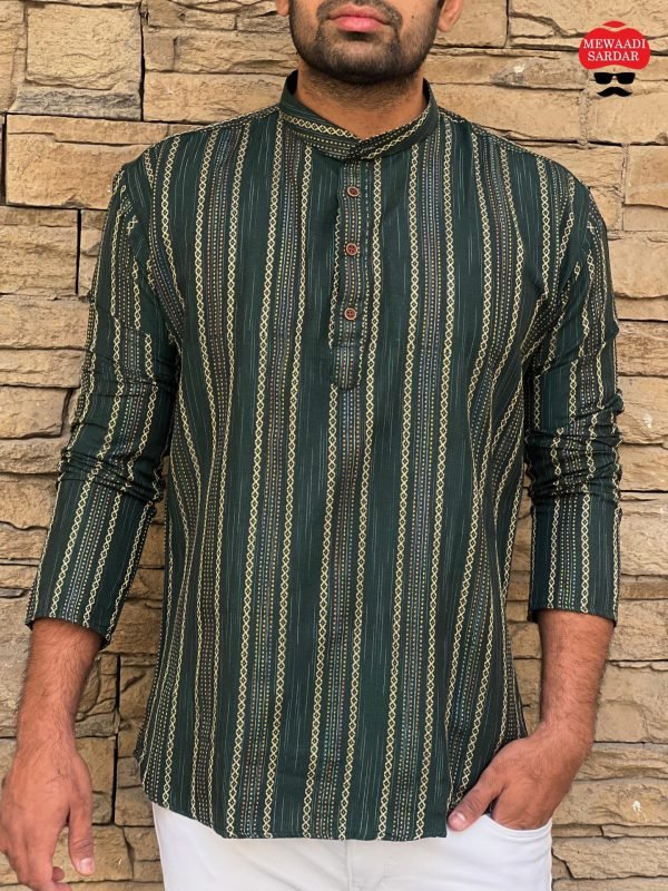 Mens Cotton Short Kurta - Golden Striped - 5 Colors
