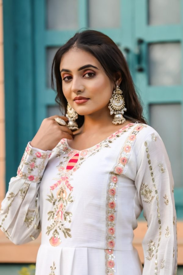 Chinnon Silk Nyra Cut Suit- 3Pc Kurti, Pant & Dupatta - White with Pink