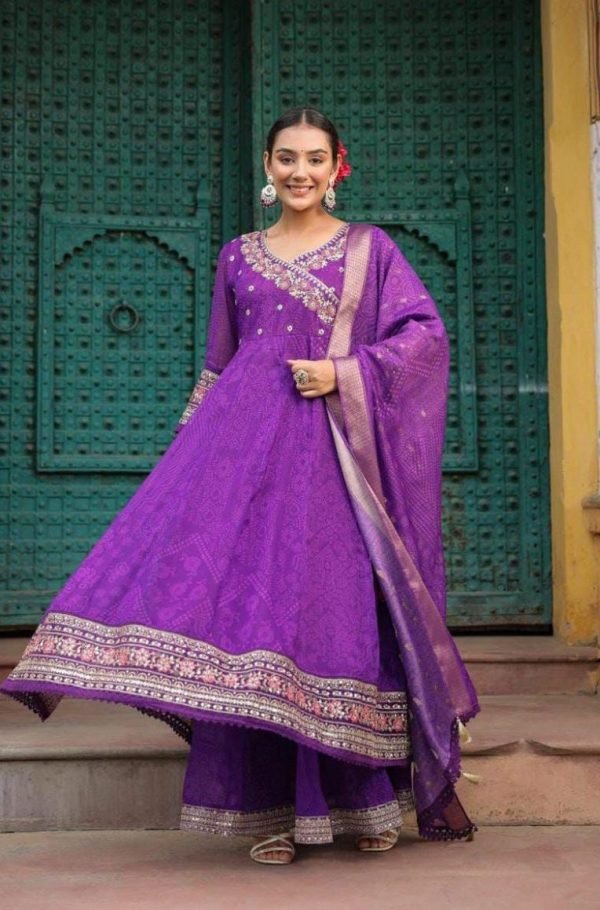 Premium Organza Angrakha Anarkali Suit with Pant & Dupatta - 3Pc - Purple