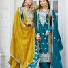 Chinnon Silk Straight Designer Suit- 3Pc Kurti, Pant & Dupatta - Mustard & Teal Blue