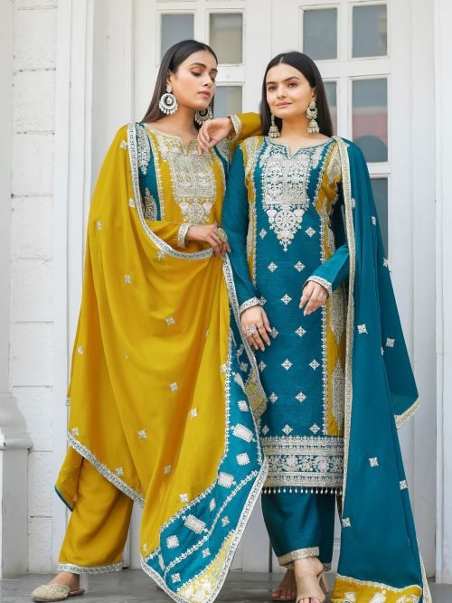 cc2f1a09-6b89-42eb-919a-6f5d1af64a22 Chinnon Silk Straight Designer Suit- 3Pc Kurti, Pant & Dupatta - Mustard & Teal Blue