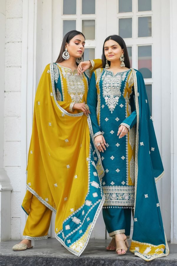 Chinnon Silk Straight Designer Suit- 3Pc Kurti, Pant & Dupatta - Mustard & Teal Blue
