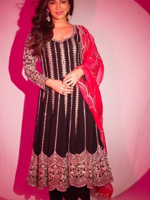 Georgette 3Pc Anarkali Suit - Anarkali, Pants & Dupatta - Black and White (Sunny Leone)