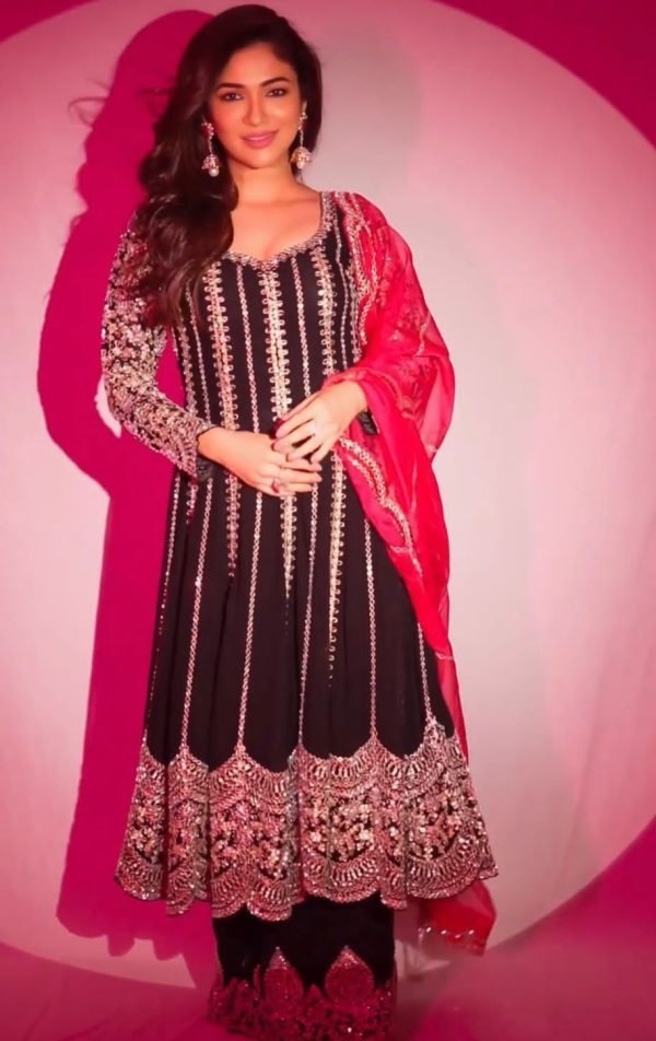 Georgette 3Pc Anarkali Suit - Anarkali, Pants & Dupatta - Black and White (Sunny Leone)