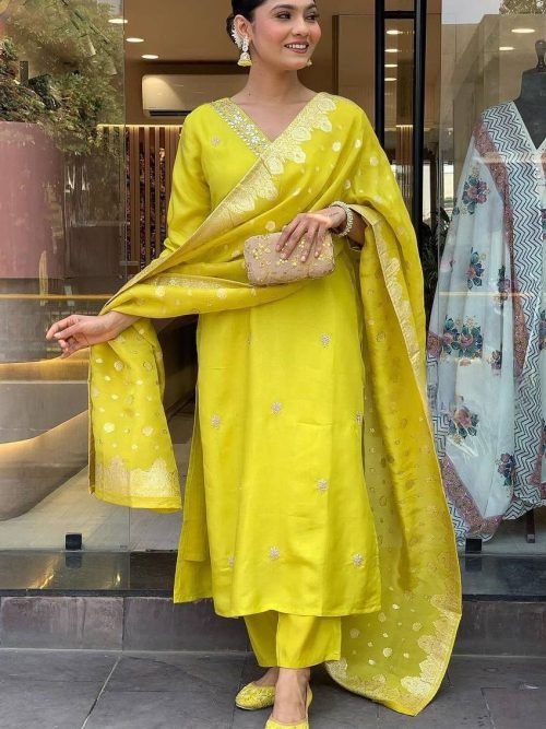 cd212aa1-6c4f-4b4d-b3d6-378afc33c19d Roman Silk Suit with Banarasi Dupatta - Plus Sizes only - 3Pc - Neon Yellow